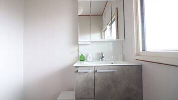 A bathroom with a white sink, a mirror above it, and a window to the right.