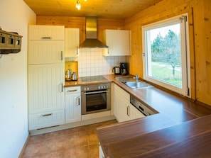 Fridge, dishwasher, cookware/dishes/utensils