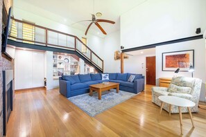 TV, fireplace, books, offices