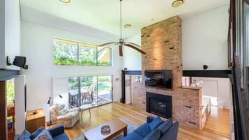 TV, lareira, livros, escritórios