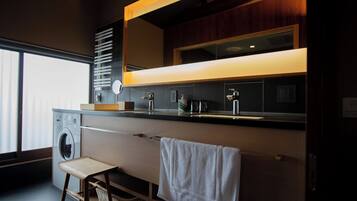 Quadruple Room, Private Bathroom, Relaxation Area with Sofa | Bathroom | Combined shower/tub, rainfall showerhead, free toiletries, hair dryer