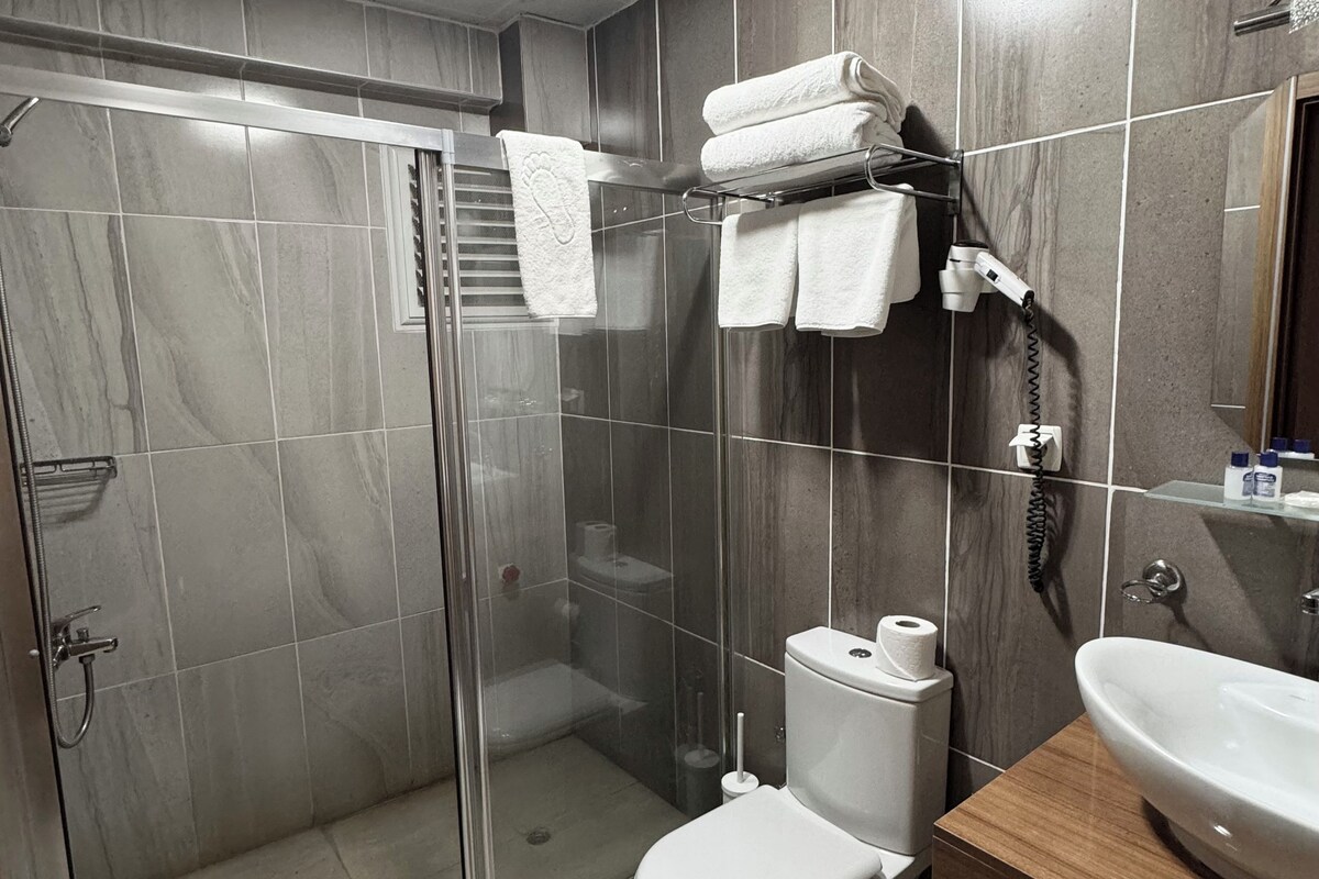 A modern bathroom with a glass-enclosed shower, a toilet, and a sink.