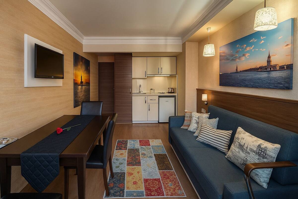 A modern living room with a dining area, a kitchenette, and a large window with a cityscape view.