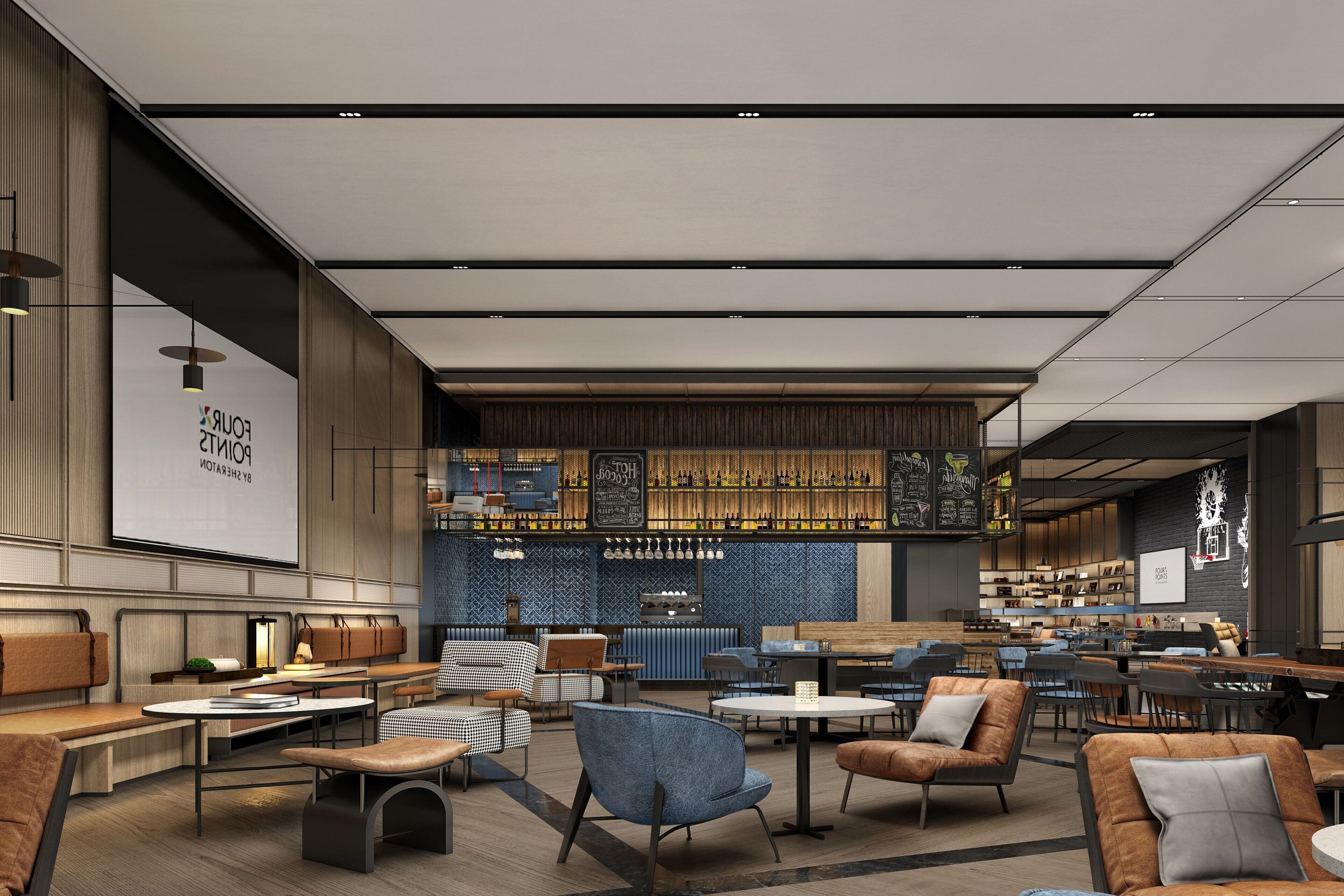 Un restaurante moderno con zona de bar, disposición de mesas y un menú a la vista.