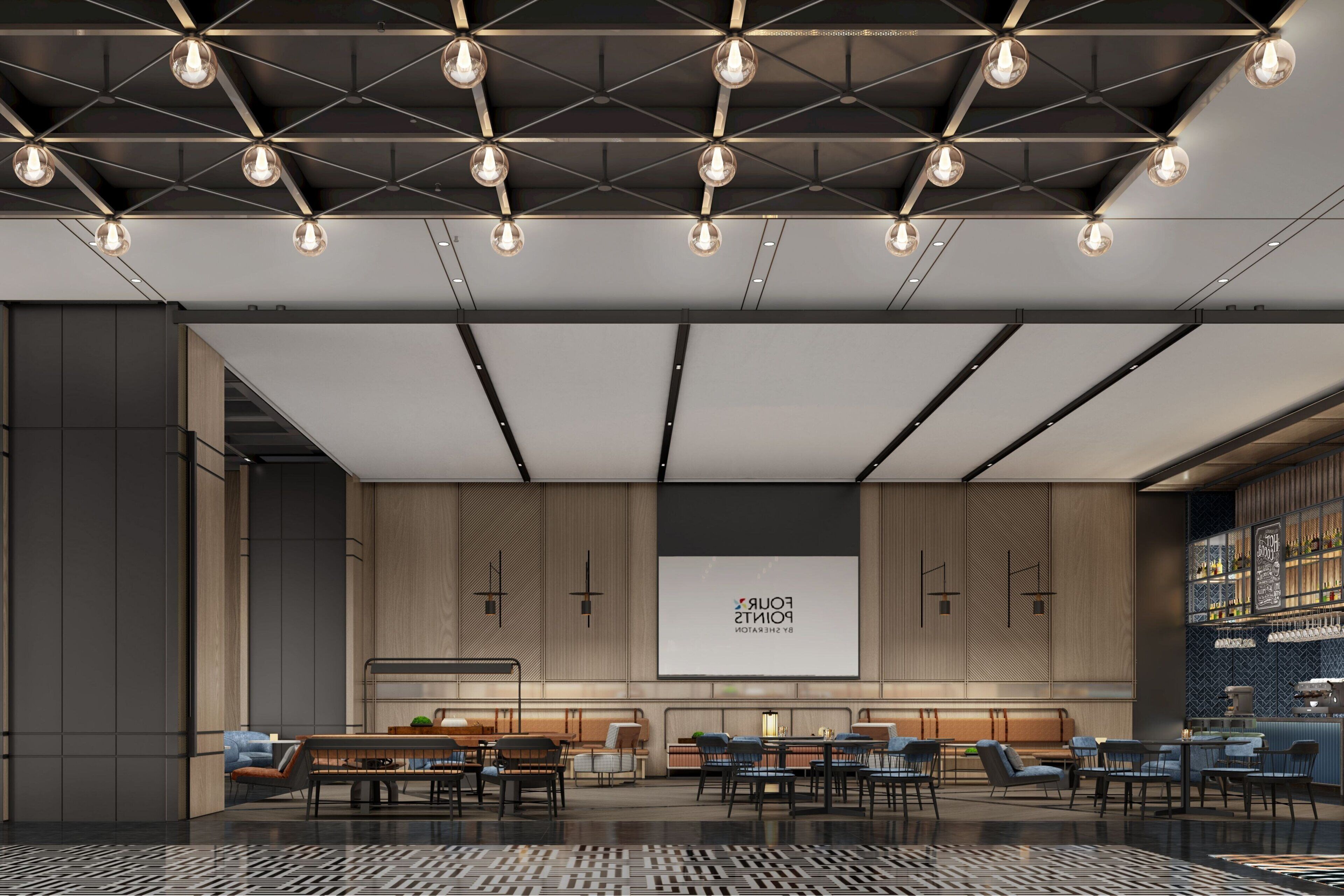 Ein moderner Konferenzraum mit einem großen Bildschirm, der "PORTALS HOTEL" zeigt, und einer Bar mit Regalen voller Flaschen.