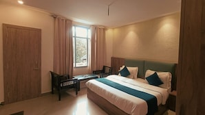 A hotel room with a large bed, a desk, and a chair. There is a window with curtains, a door, and a small rug on the floor.