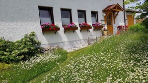 Un edificio con tres ventanas, una puerta de madera y macetas con flores rosadas.