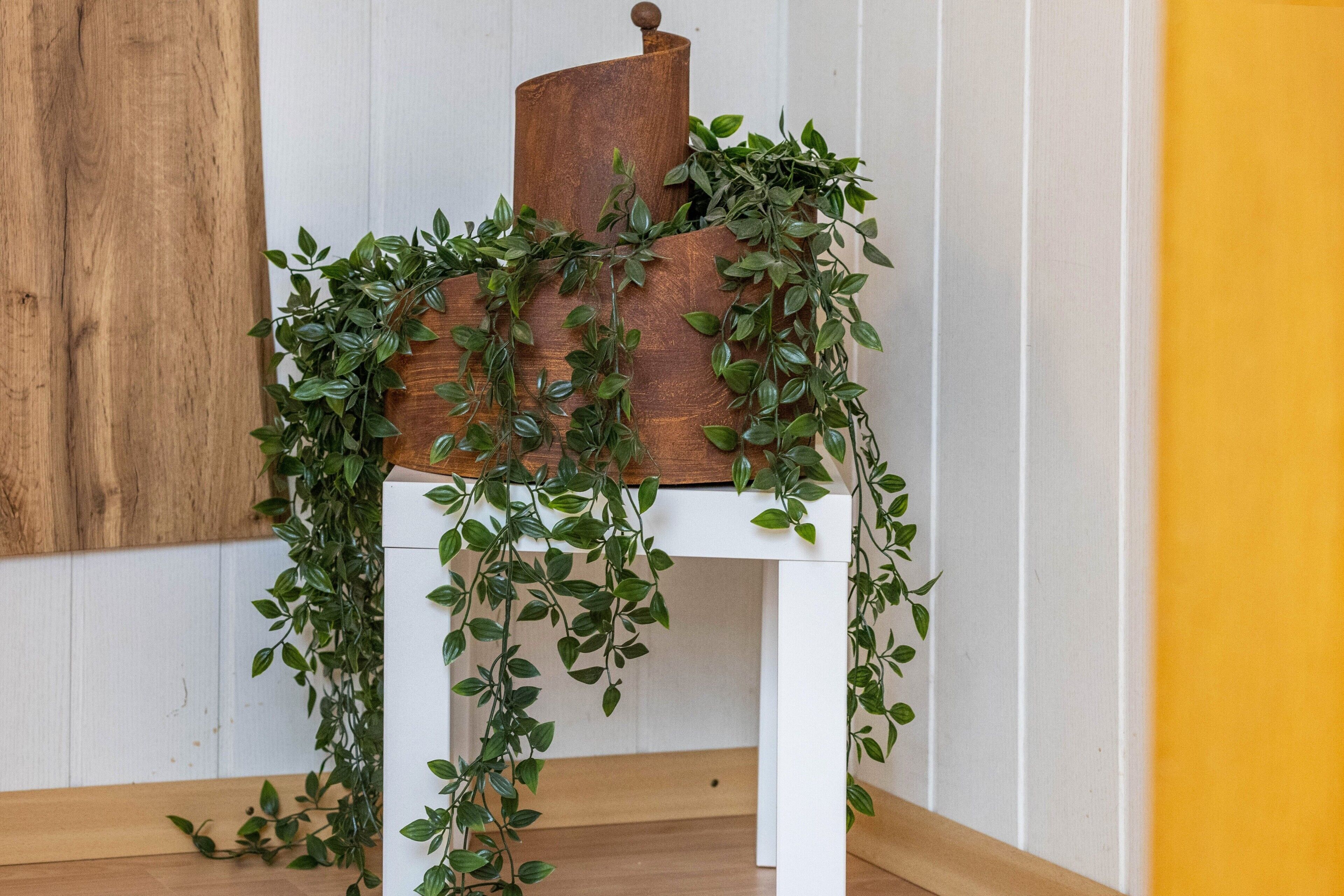 A white table with a wooden planter on top, surrounded by green foliage.