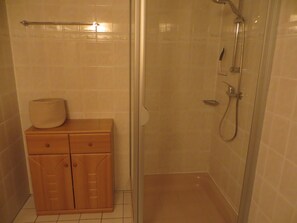 Chuveiro, secador de cabelo, toalhas de banho 