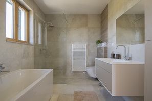 Douche, séchoir à cheveux, serviettes fournies, savon