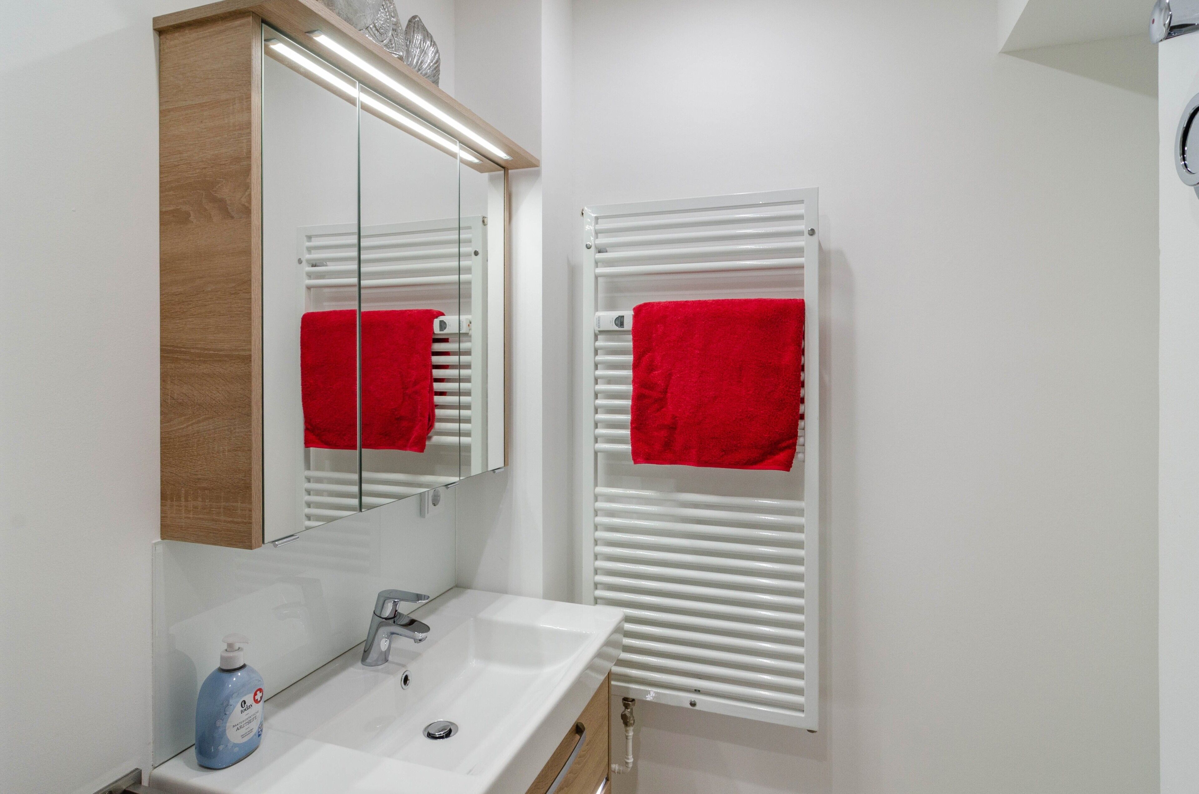 A bathroom with a white sink, mirror, and towel racks.