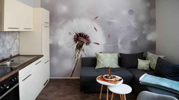A modern kitchen with white cabinets, a black stove, and a dining area with a table and sofa. - Apartment '2' with Shared Terrace, Private Garden and Wi-Fi (Großräschen)