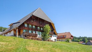 A large wooden house with a steep roof, a balcony, and a small garden area.