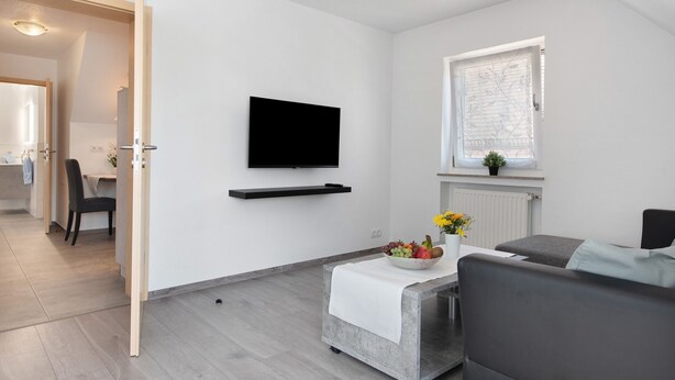 A modern living room with a flat-screen TV, a grey sofa, a small table with a bowl of fruit, and a window with blinds. - Apartment 'Birnau' with Lake View and Wi-Fi (Hagnau)
