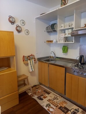 Fridge, stovetop, dishwasher, coffee/tea maker
