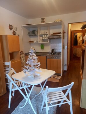Fridge, stovetop, dishwasher, coffee/tea maker