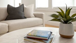 Un présentoir transparent en acrylique supporte des livres sur une table basse de couleur claire. On aperçoit également une plante en pot et un canapé gris agrémenté d’un coussin, le tout dans une pièce dont une fenêtre se trouve à l’arrière-plan.