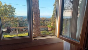 Ein Fenster mit Blick auf einen Baum und einen Garten.