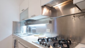 A modern kitchen with stainless steel appliances, a gas stove, and a range hood. - Ca Lipoli (Venice)