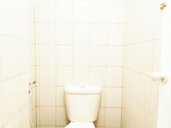 Un inodoro blanco estándar en un baño con paredes de azulejos y una manija de puerta.