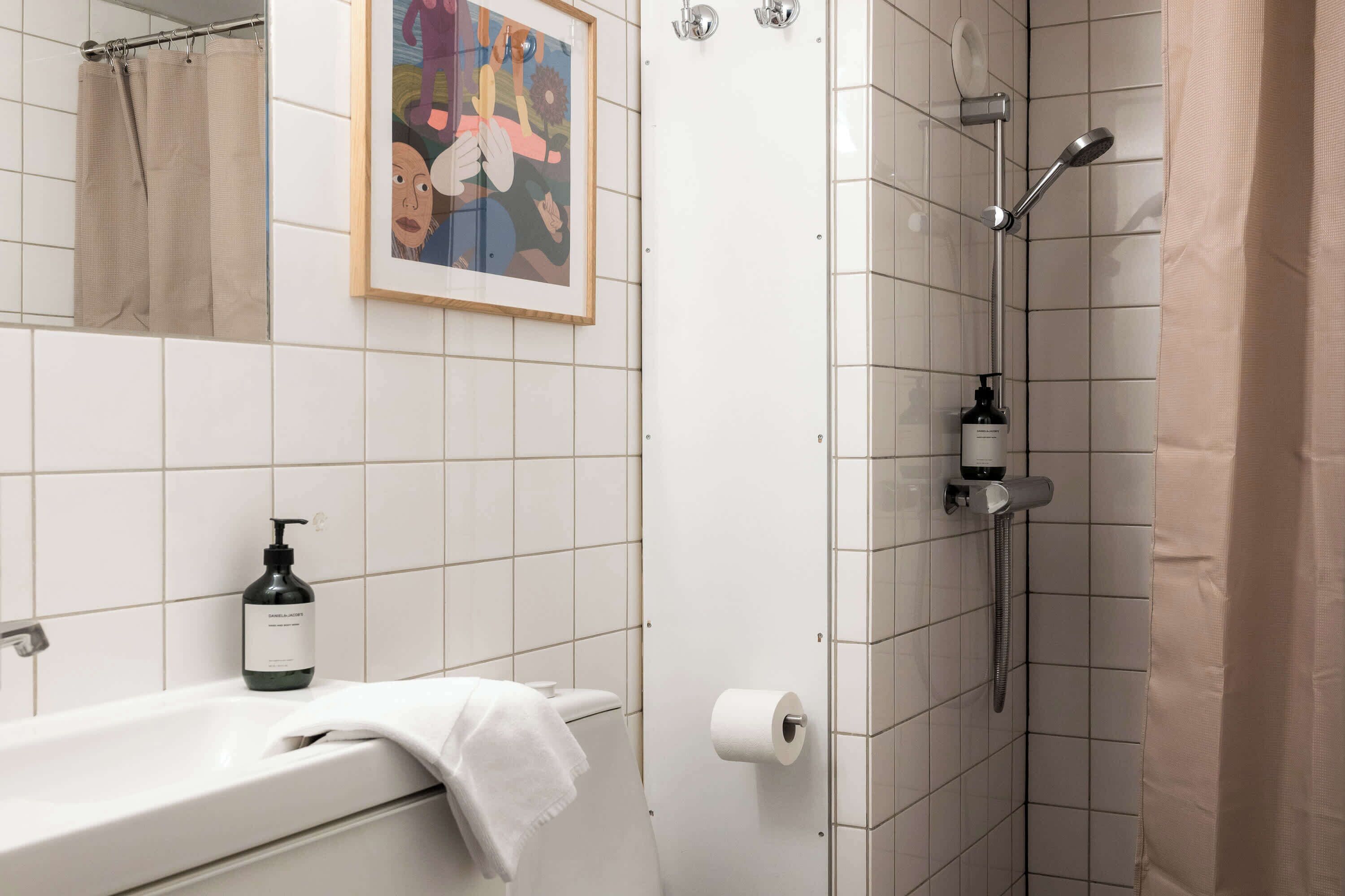 Une salle de bain avec une baignoire, une douche, des toilettes et un tableau encadré au mur.