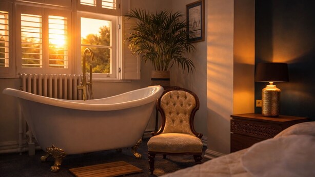 Une salle de bain avec une baignoire sur pieds, une chaise en bois, une plante en pot, une table de chevet avec une lampe et un radiateur.