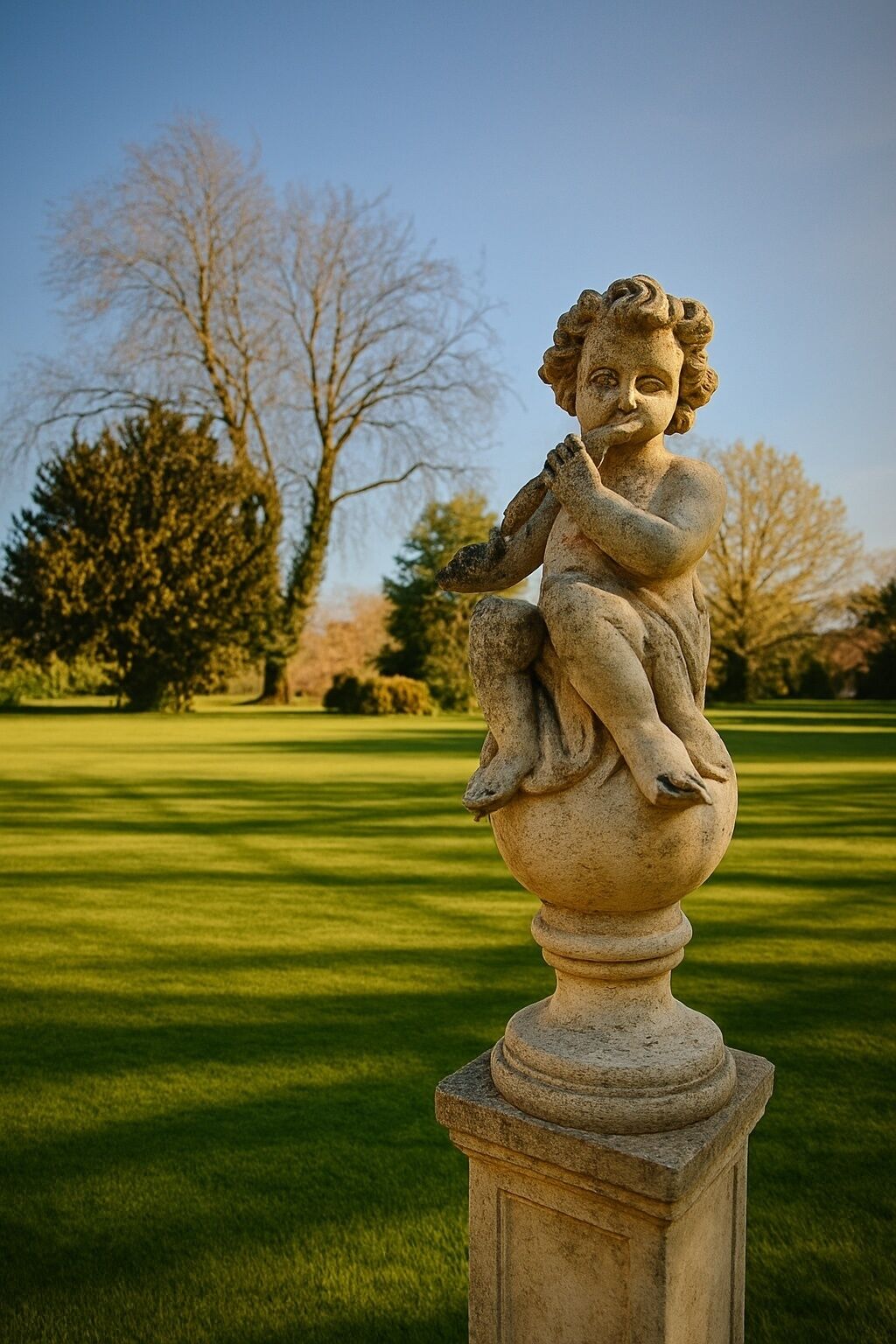 Una estatua de piedra de un ángel infantil sobre un pedestal en un parque con un campo cubierto de césped y árboles al fondo.
