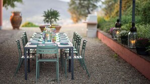 An outdoor dining area with a long table set for six, surrounded by green metal chairs.