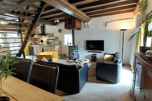 TV connectée, cheminée, lecteur de DVD, médiathèque
