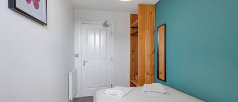 Un dormitorio con cama, una puerta blanca, un armario de madera, un cuadro enmarco y una lámpara en el techo.