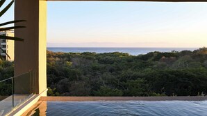 Un balcone con vista sull'oceano e sulla fitta vegetazione.