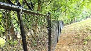A chain-link fence with metal posts and a curved top rail.