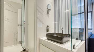 Shower, hair dryer, bidet, towels