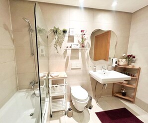 Hair dryer, towels, soap, toilet paper
