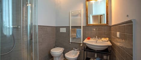 A bathroom with a glass shower enclosure, a toilet, a bidet, and a sink with a mirror above it.