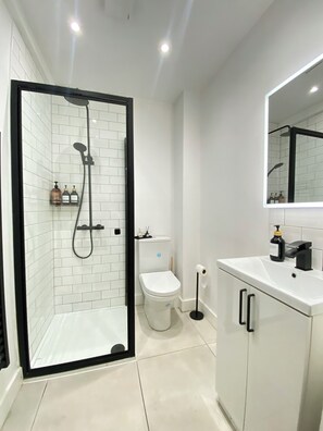 Shower, towels, soap, toilet paper