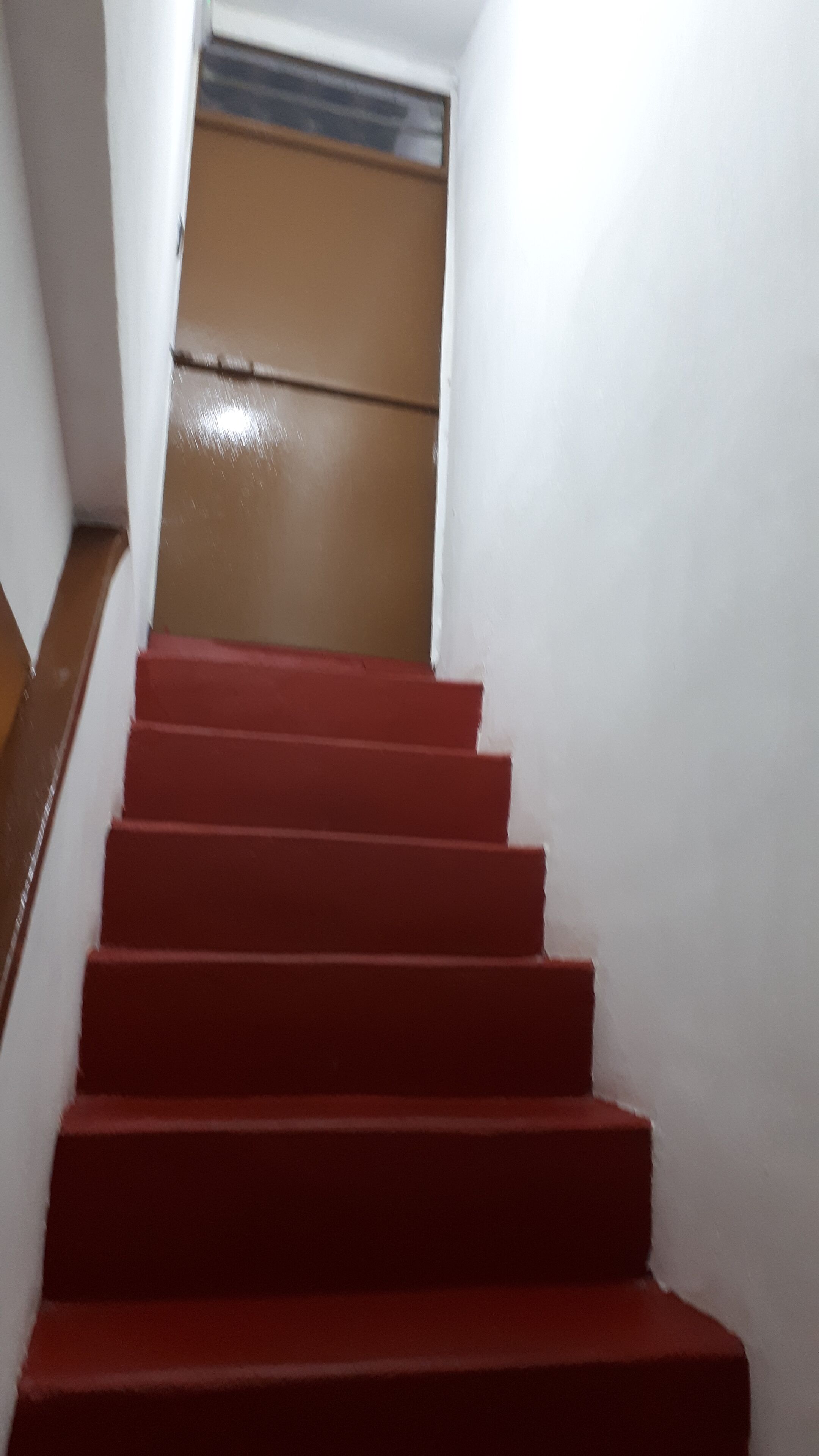 A staircase with red steps leading to a door at the top.