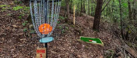 Un cesto de disc golf con una red de cadenas, rodeado por un área boscosa con un letrero que indica 'Hole 1'.
