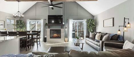 Télévision, cheminée, jeux vidéo