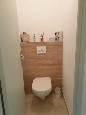 Hair dryer, towels, soap, toilet paper