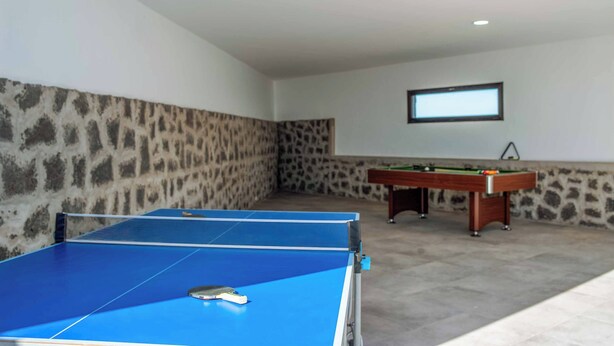 A room with a blue ping pong table, a pool table, and a projector screen on the wall.