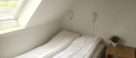 A small, neatly made bed in a room with a sloped ceiling and a skylight. There is a small wooden nightstand with a plant on it.