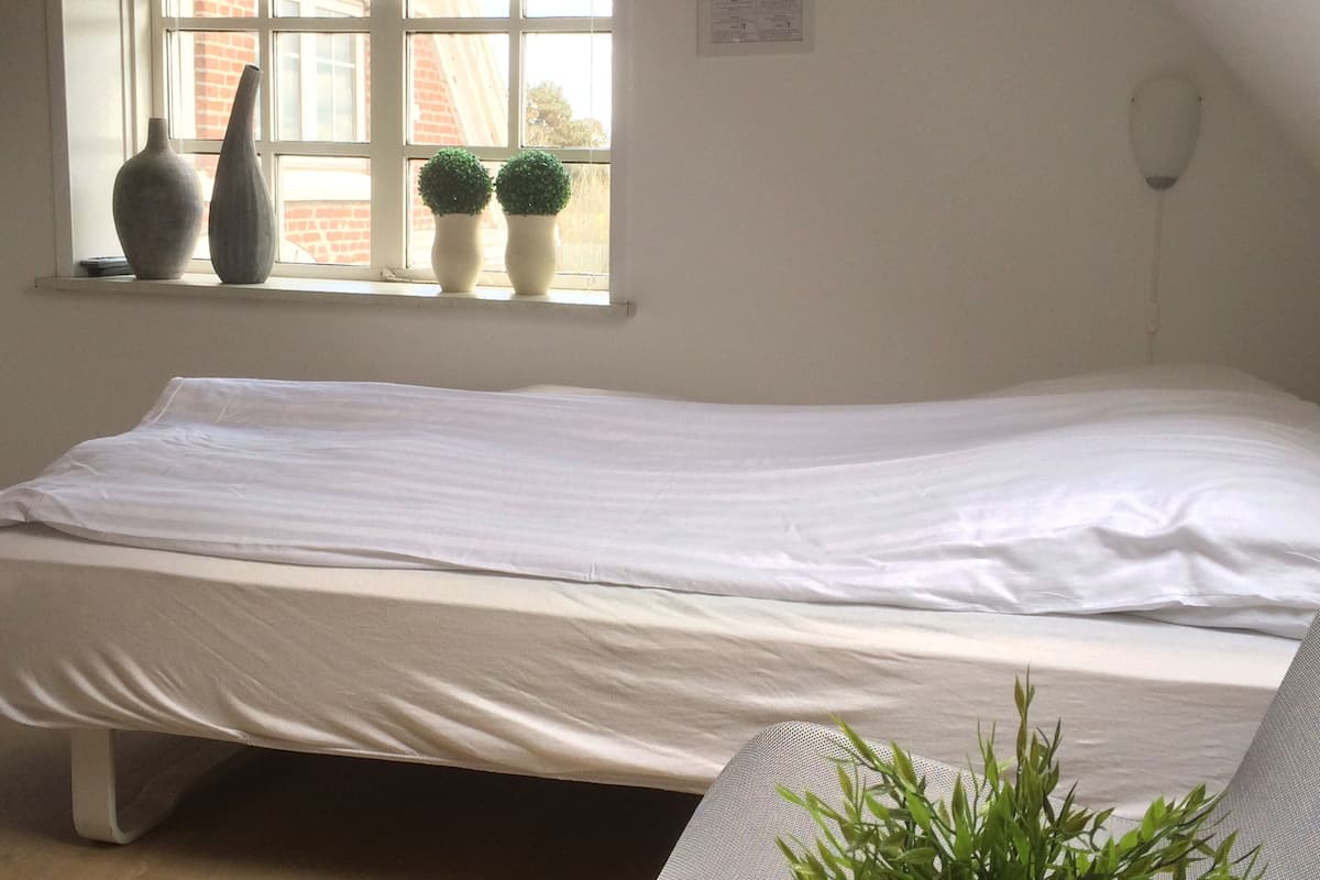 Habitación sencilla y luminosa con cama, ventana y dos plantas en macetas, además de una lámpara de pared.
