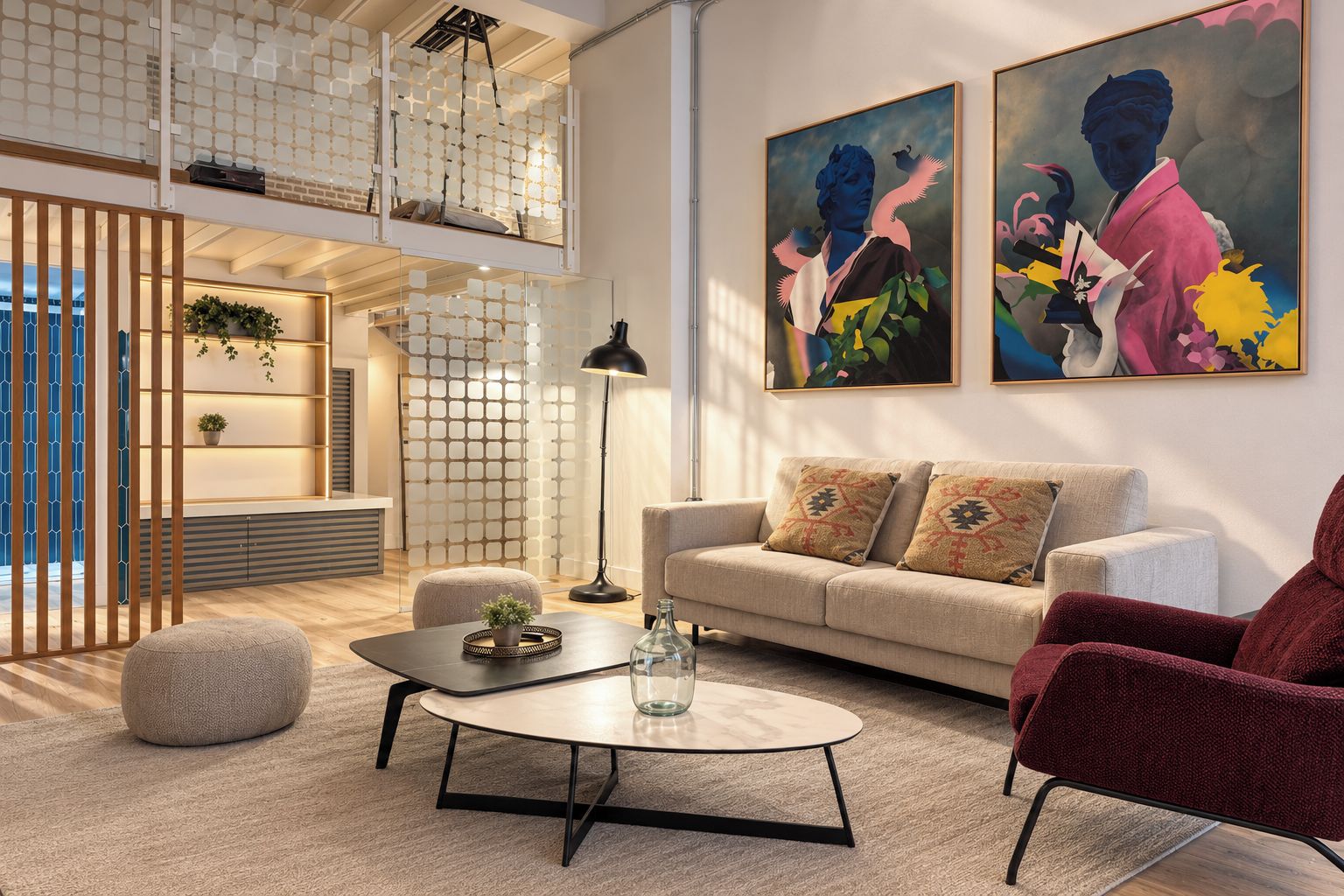 A modern living room with a sofa, armchair, coffee table, and decorative items.