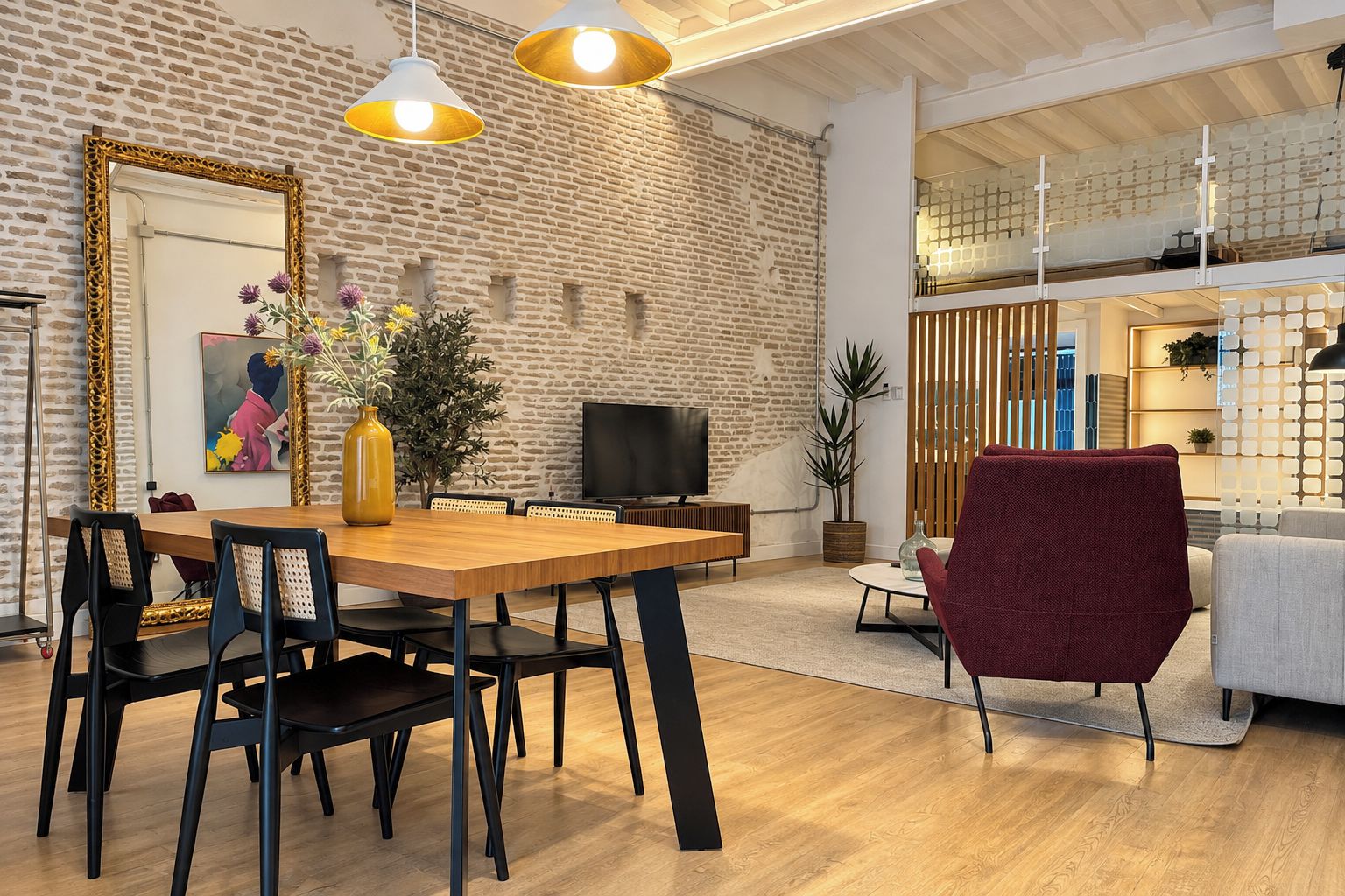 Sala de estar moderna com parede de tijolos, mesa de jantar de madeira, cadeiras pretas, uma poltrona vermelha e televisão.