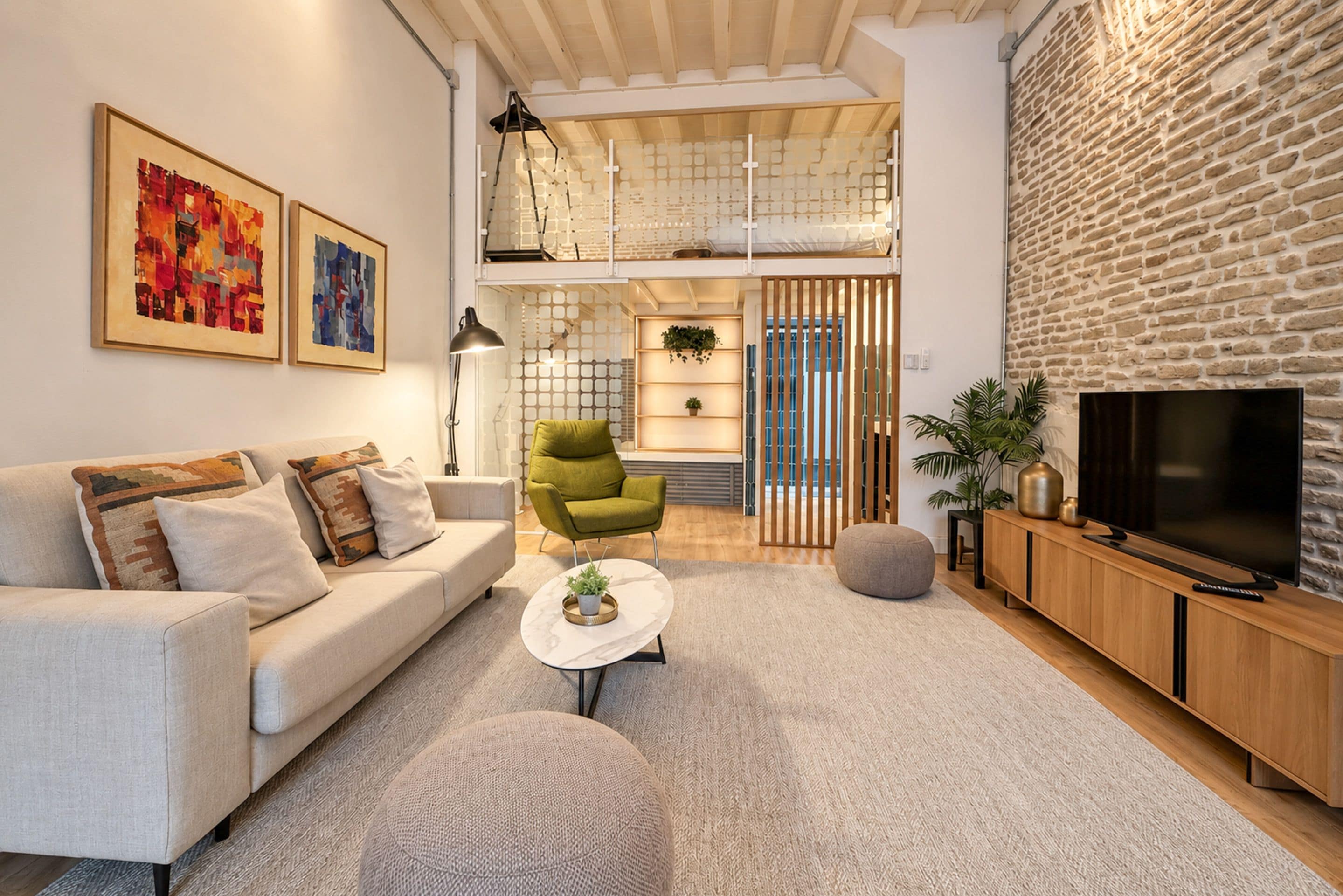 A modern living room with a sofa, armchair, coffee table, and a TV on a wooden cabinet.