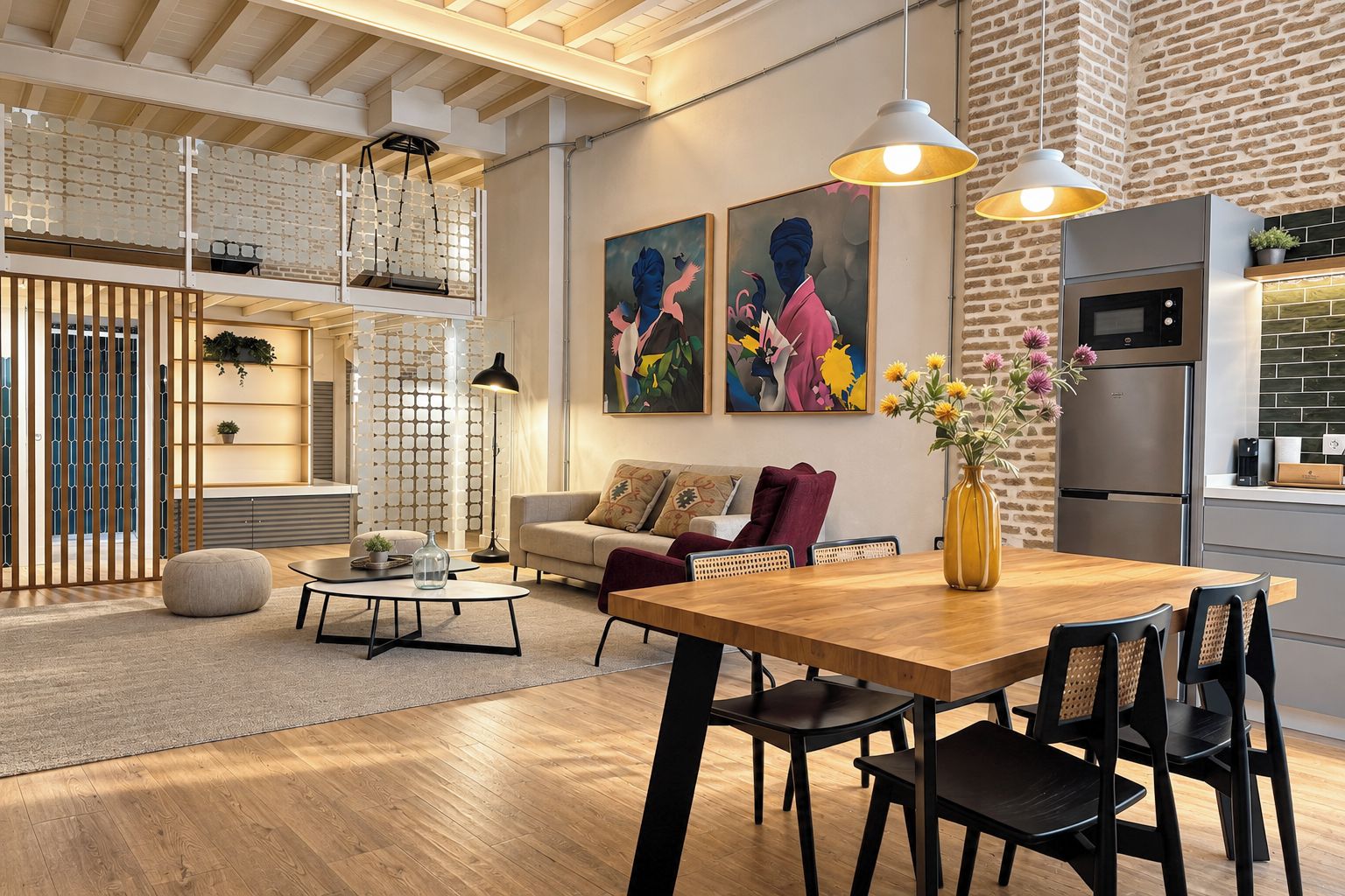 Ein modernes Interieur mit einem Holzesstisch, schwarzen Stühlen, einer Couch und Kunstwerken an der Wand.