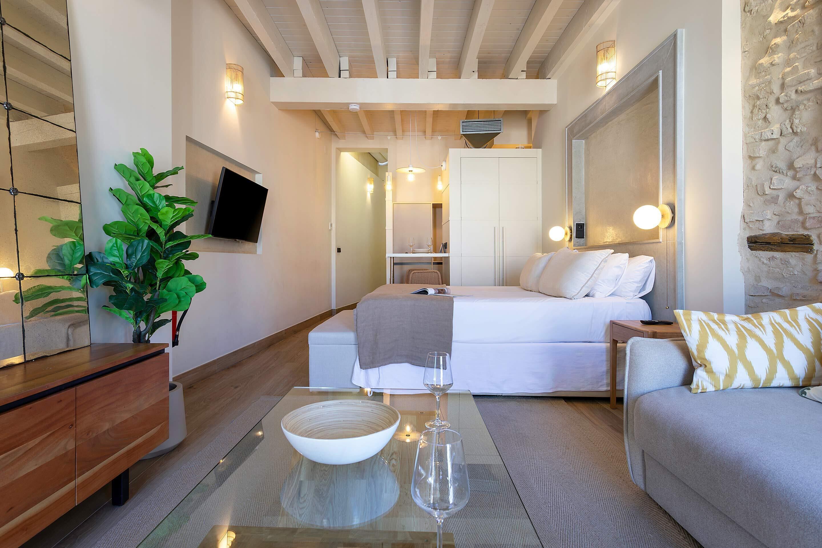 Ein modernes Hotelzimmer mit Bett, Sofa, Glastisch, Fernseher und einer Pflanze.