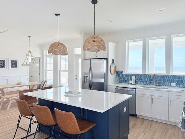 Fridge, microwave, oven, stovetop - Brand-New 5BR 3.5BA House, Ocean Views, Elevator, Pool, Dog Friendly, Sleeps 17 (Oak Island)