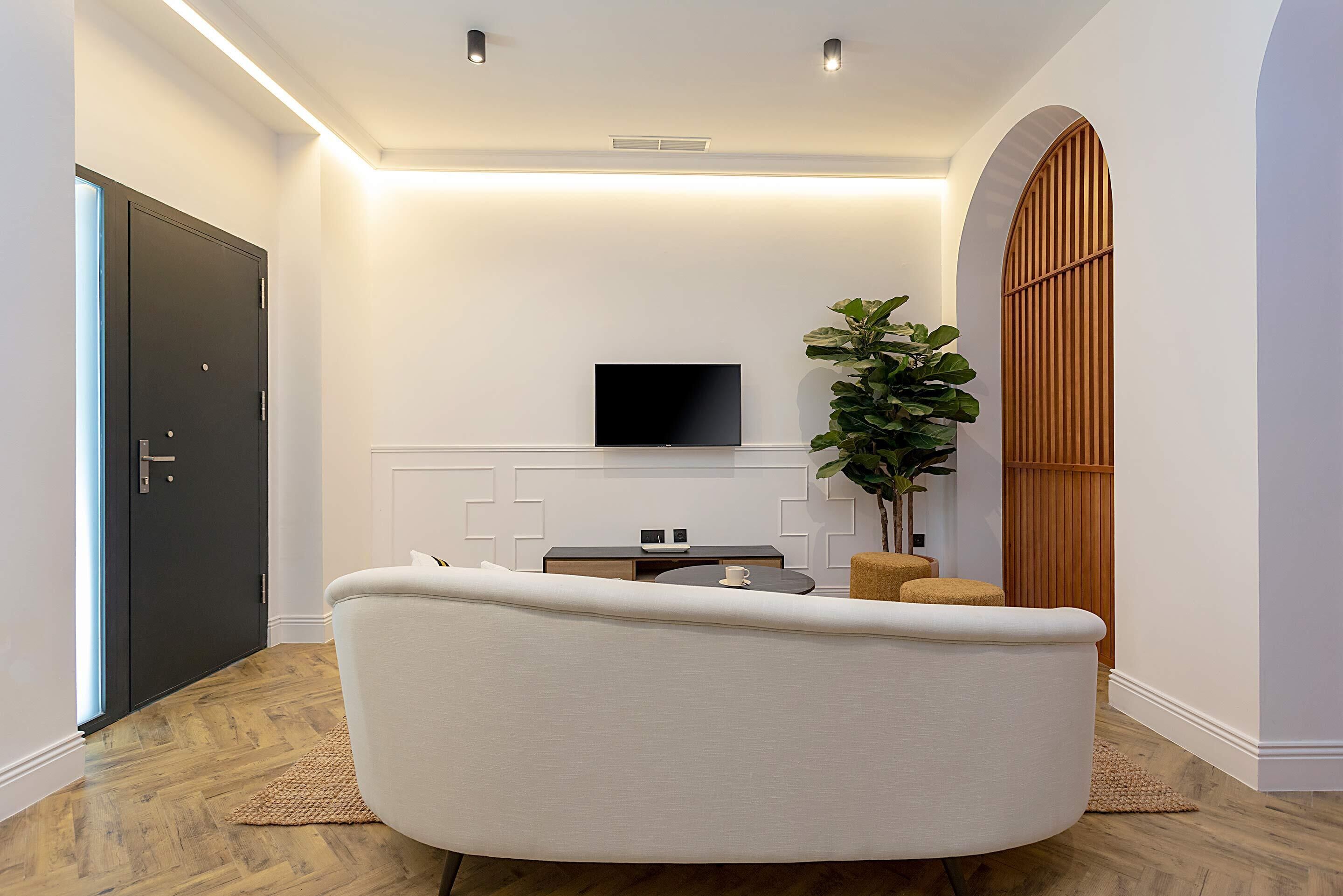 A modern living room with a sofa, a flat-screen TV, a small table, and a potted plant.